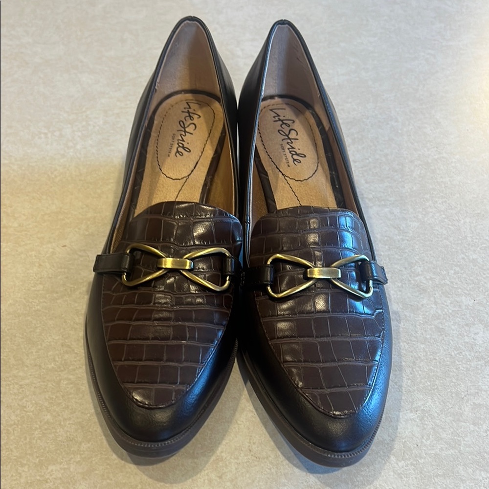 Life Stride Brown Loafers with Gold Detail